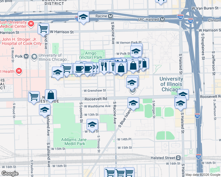 map of restaurants, bars, coffee shops, grocery stores, and more near 1204 West Grenshaw Street in Chicago