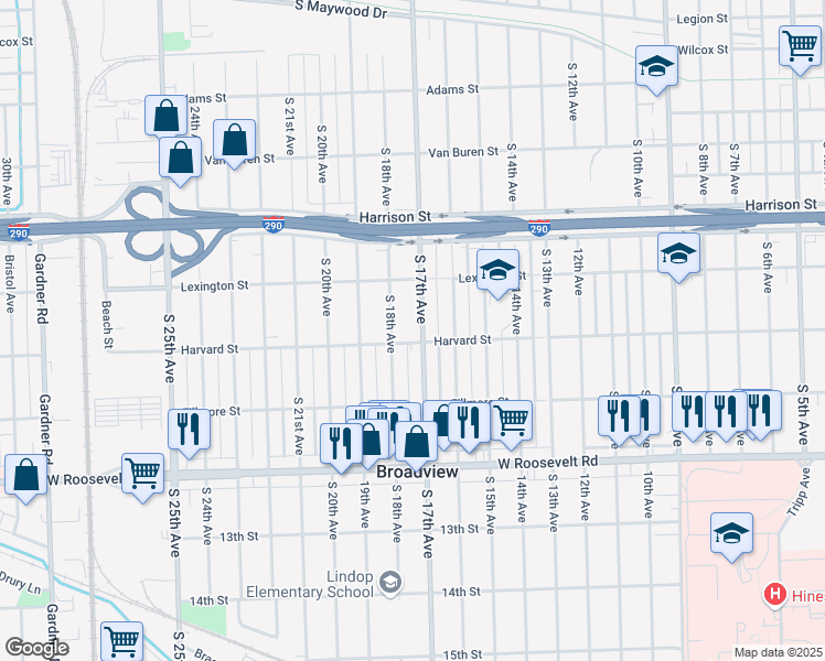 map of restaurants, bars, coffee shops, grocery stores, and more near 1934 South 17th Avenue in Maywood