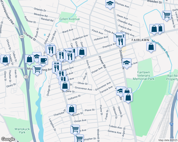 map of restaurants, bars, coffee shops, grocery stores, and more near 65 Dora Street in Pawtucket