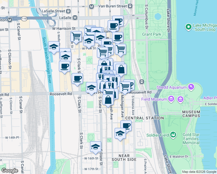 map of restaurants, bars, coffee shops, grocery stores, and more near 1140 South Wabash Avenue in Chicago