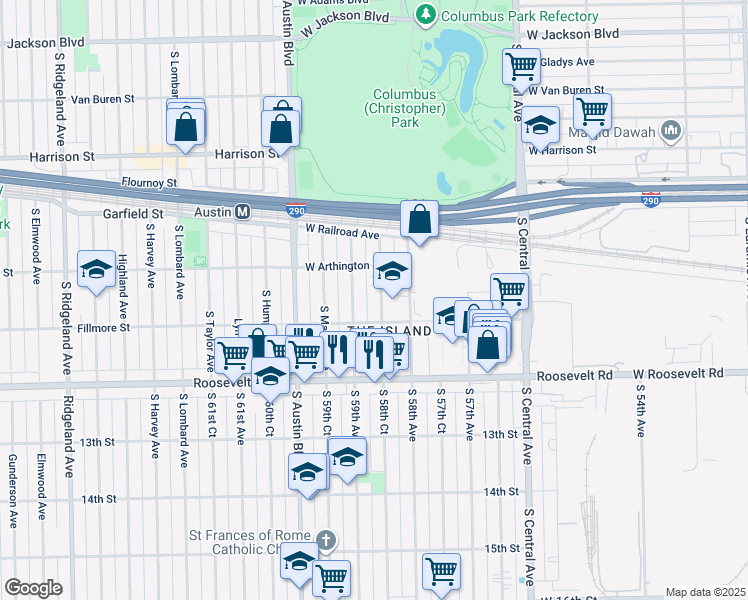 map of restaurants, bars, coffee shops, grocery stores, and more near 1036 South Monitor Avenue in Chicago
