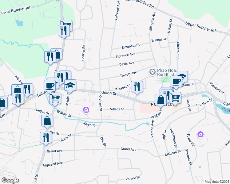map of restaurants, bars, coffee shops, grocery stores, and more near 110 Union Street in Vernon