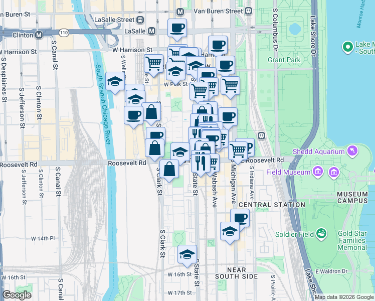 map of restaurants, bars, coffee shops, grocery stores, and more near 1172 South Plymouth Court in Chicago