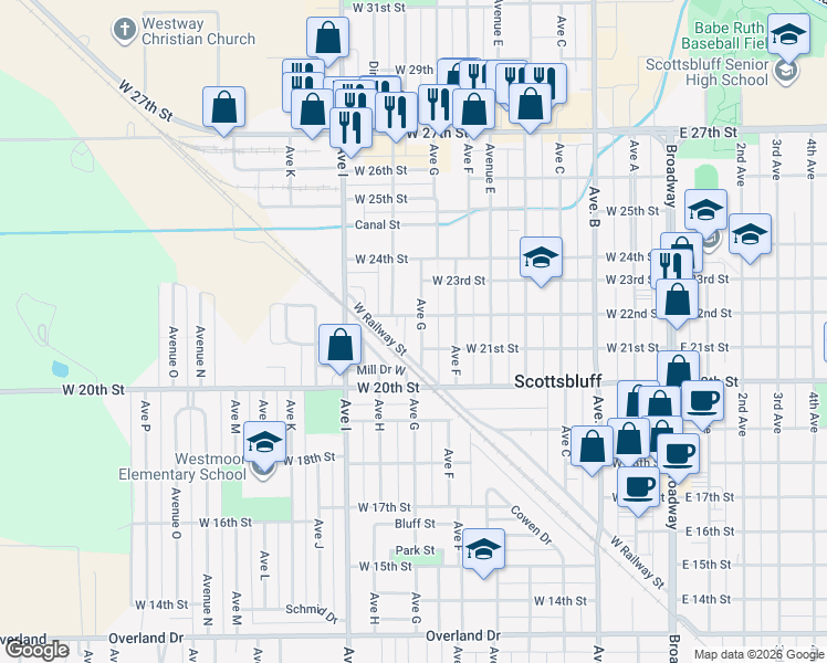 map of restaurants, bars, coffee shops, grocery stores, and more near 2116 Avenue G in Scottsbluff