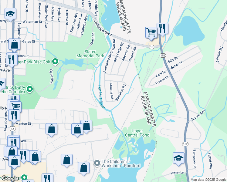 map of restaurants, bars, coffee shops, grocery stores, and more near 34 Katama Road in Pawtucket