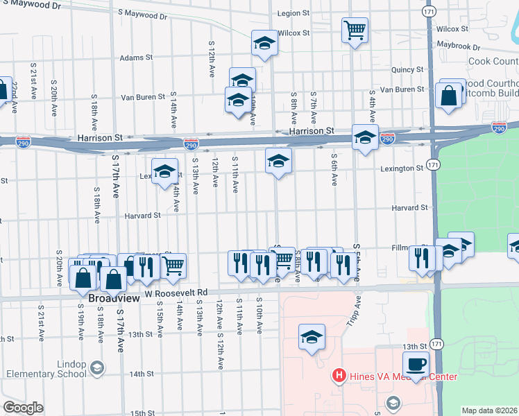 map of restaurants, bars, coffee shops, grocery stores, and more near 1959 South 10th Avenue in Maywood