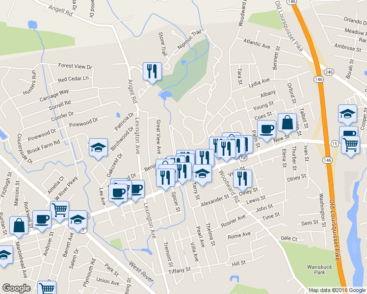 map of restaurants, bars, coffee shops, grocery stores, and more near 22 Angell Road in North Providence
