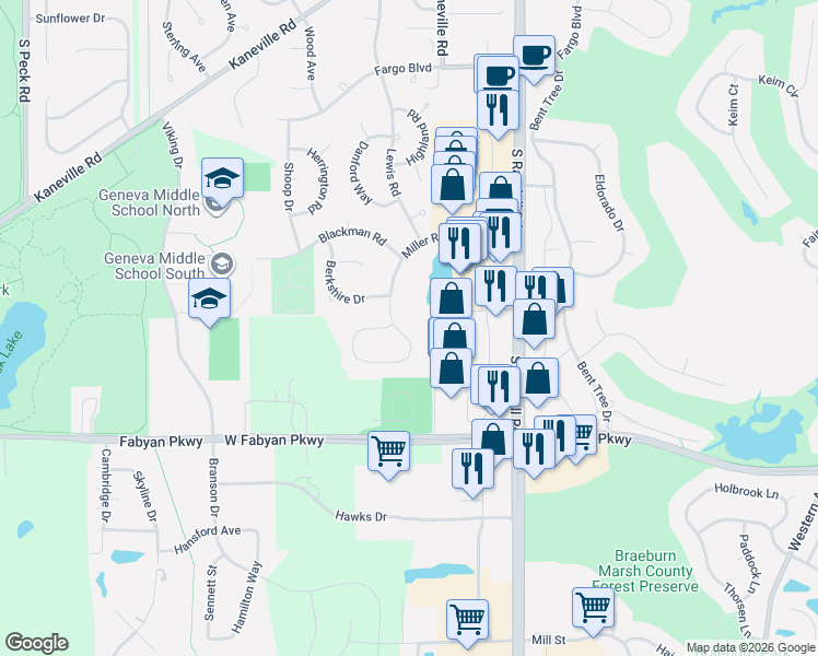 map of restaurants, bars, coffee shops, grocery stores, and more near 2724 Miller Road in Geneva