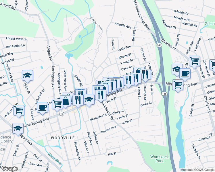 map of restaurants, bars, coffee shops, grocery stores, and more near 12 Irving Street in North Providence