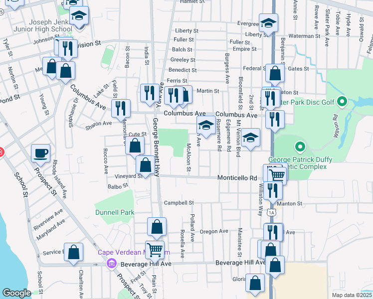 map of restaurants, bars, coffee shops, grocery stores, and more near 1 Monticello Place in Pawtucket