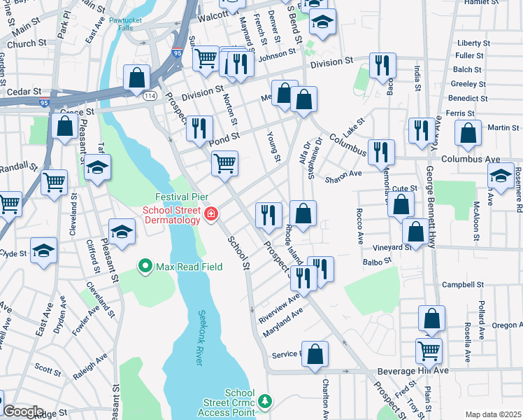 map of restaurants, bars, coffee shops, grocery stores, and more near 101 Linwood Avenue in Pawtucket