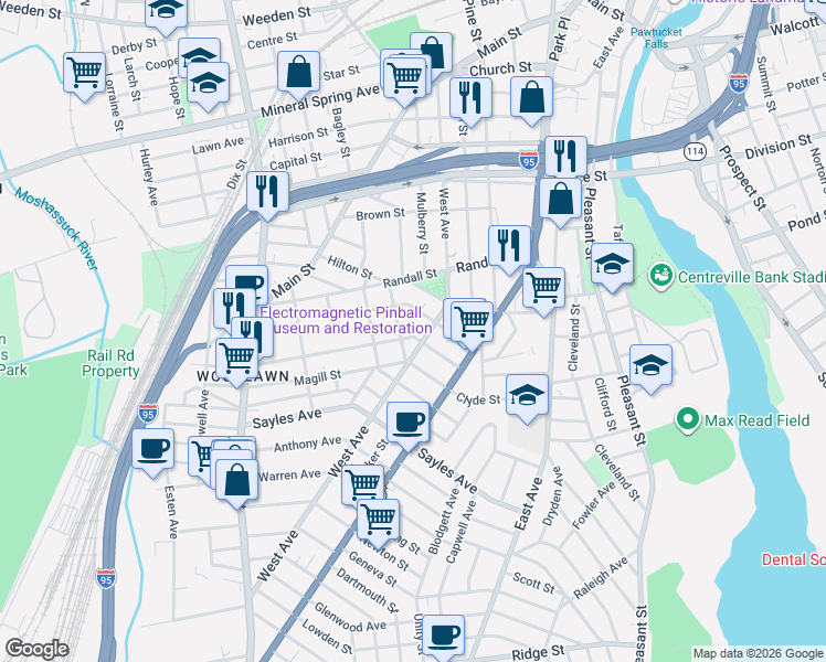 map of restaurants, bars, coffee shops, grocery stores, and more near 53 Sisson Street in Pawtucket