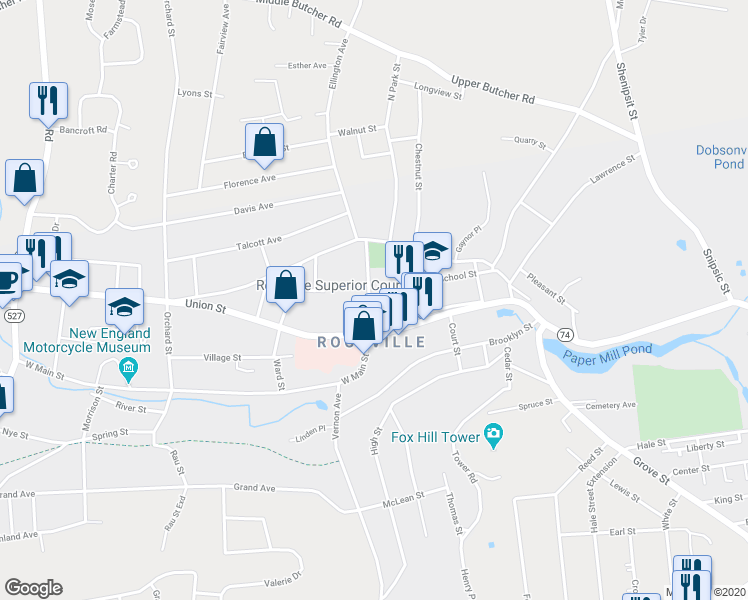 map of restaurants, bars, coffee shops, grocery stores, and more near 23 Elm Street in Vernon