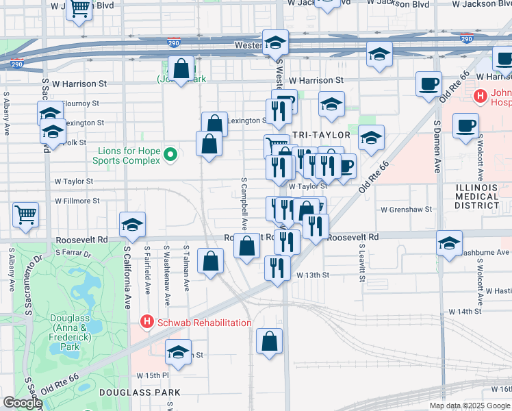 map of restaurants, bars, coffee shops, grocery stores, and more near 1111 South Campbell Avenue in Chicago