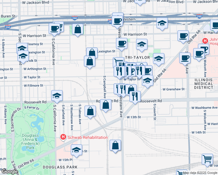 map of restaurants, bars, coffee shops, grocery stores, and more near 1111 South Campbell Avenue in Chicago