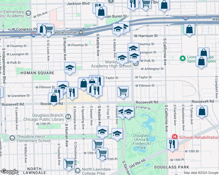 map of restaurants, bars, coffee shops, grocery stores, and more near 1106 South Albany Avenue in Chicago