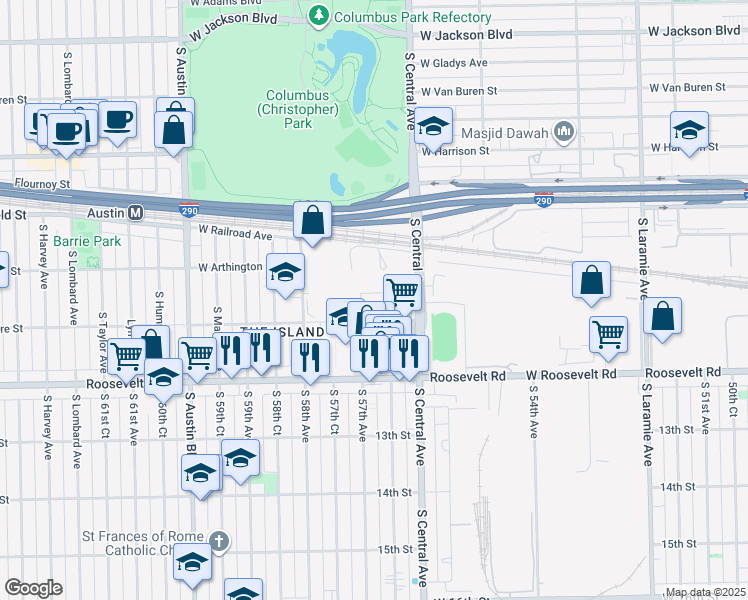 map of restaurants, bars, coffee shops, grocery stores, and more near 5659 West Taylor Street in Chicago