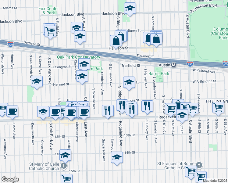 map of restaurants, bars, coffee shops, grocery stores, and more near 1125 South Ridgeland Avenue in Oak Park