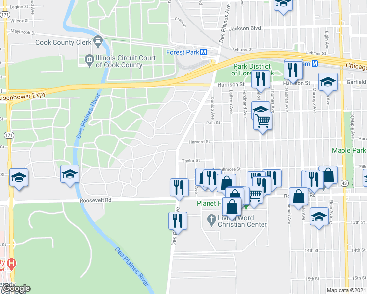 map of restaurants, bars, coffee shops, grocery stores, and more near 1013 Des Plaines Avenue in Forest Park