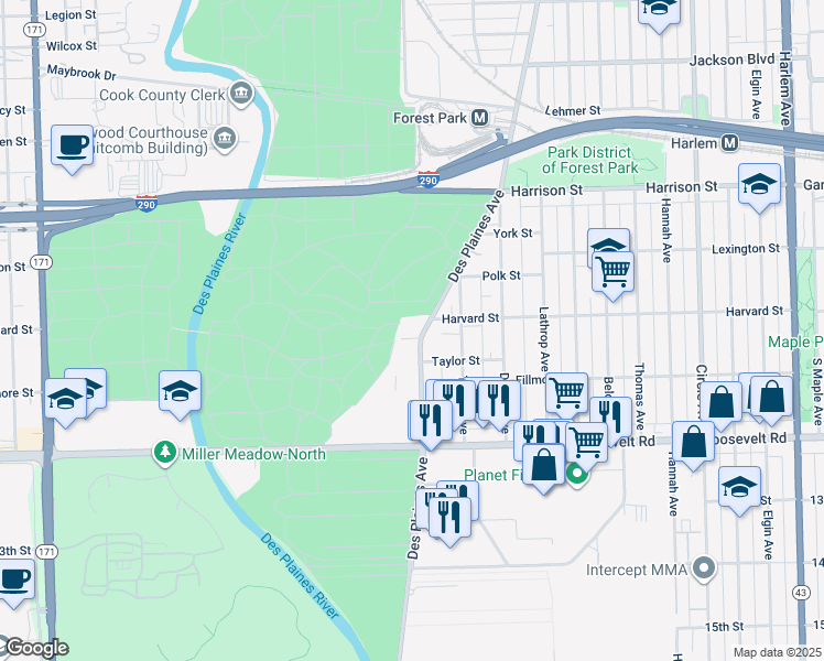 map of restaurants, bars, coffee shops, grocery stores, and more near 1013 Des Plaines Avenue in Forest Park