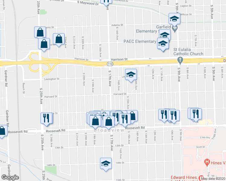 map of restaurants, bars, coffee shops, grocery stores, and more near 1934 South 17th Avenue in Maywood