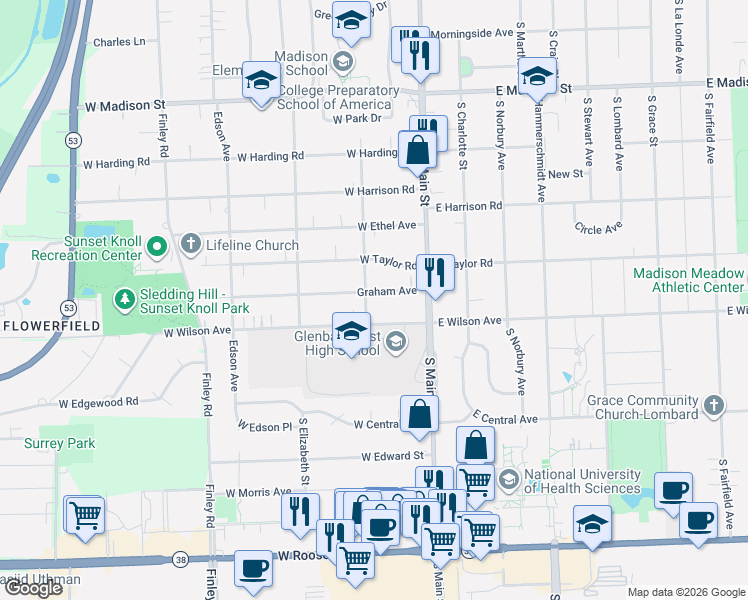 map of restaurants, bars, coffee shops, grocery stores, and more near 47 Graham Avenue in Lombard