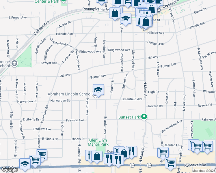 map of restaurants, bars, coffee shops, grocery stores, and more near 232 Regent Street in Glen Ellyn
