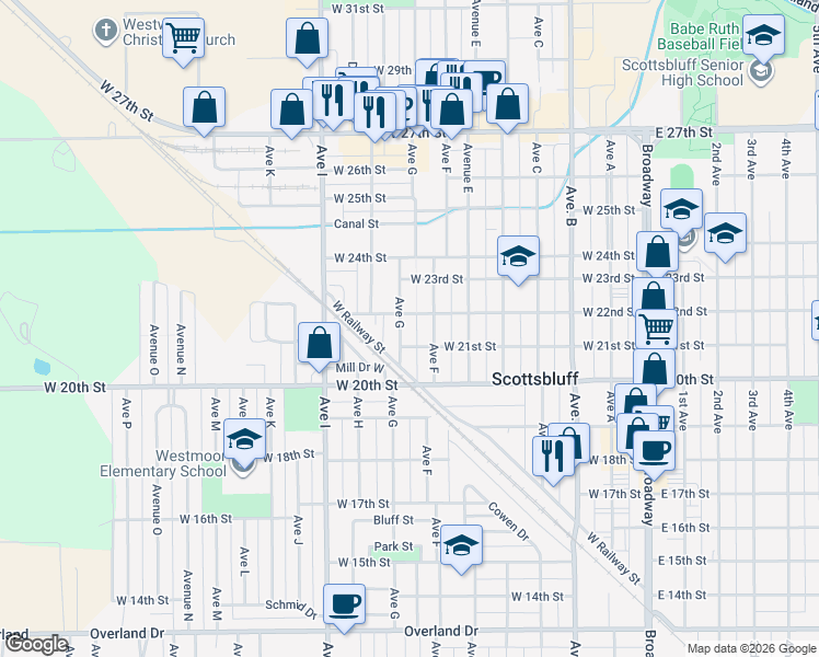 map of restaurants, bars, coffee shops, grocery stores, and more near 2116 Avenue G in Scottsbluff