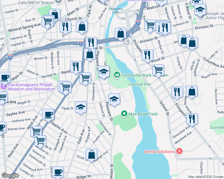 map of restaurants, bars, coffee shops, grocery stores, and more near 220 Taft Street in Pawtucket