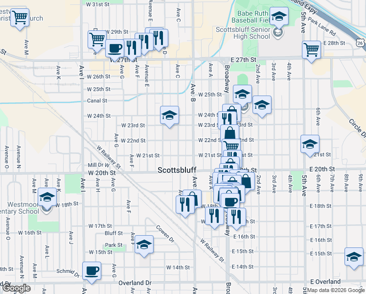 map of restaurants, bars, coffee shops, grocery stores, and more near 2102 Avenue C in Scottsbluff