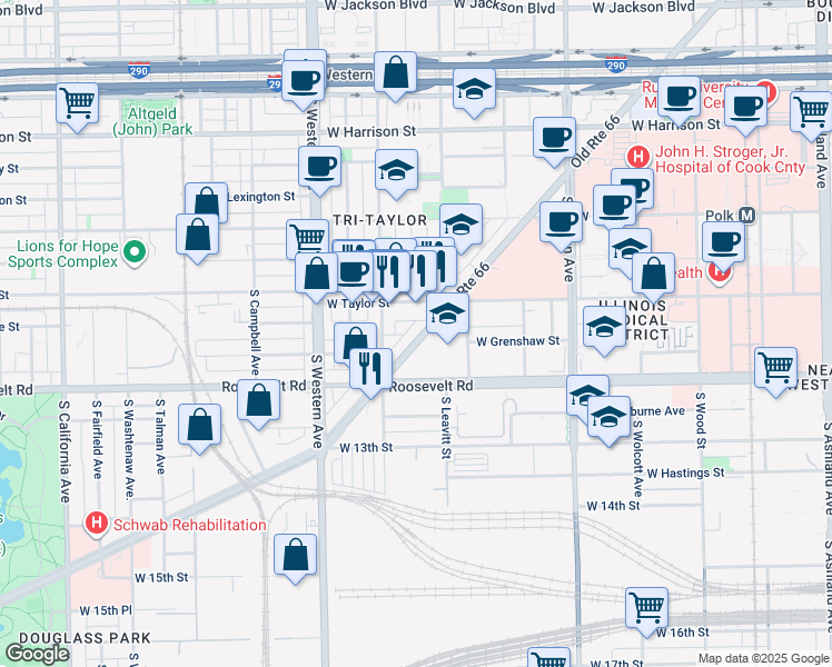 map of restaurants, bars, coffee shops, grocery stores, and more near 2242 South Ogden Avenue West in Chicago