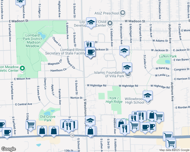 map of restaurants, bars, coffee shops, grocery stores, and more near 1049 East Wilson Avenue in Lombard