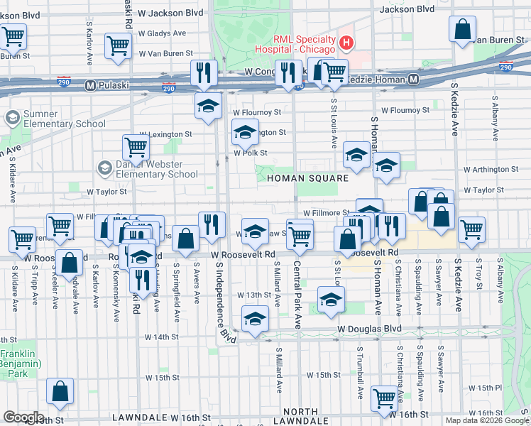 map of restaurants, bars, coffee shops, grocery stores, and more near 3700 West Fillmore Street in Chicago
