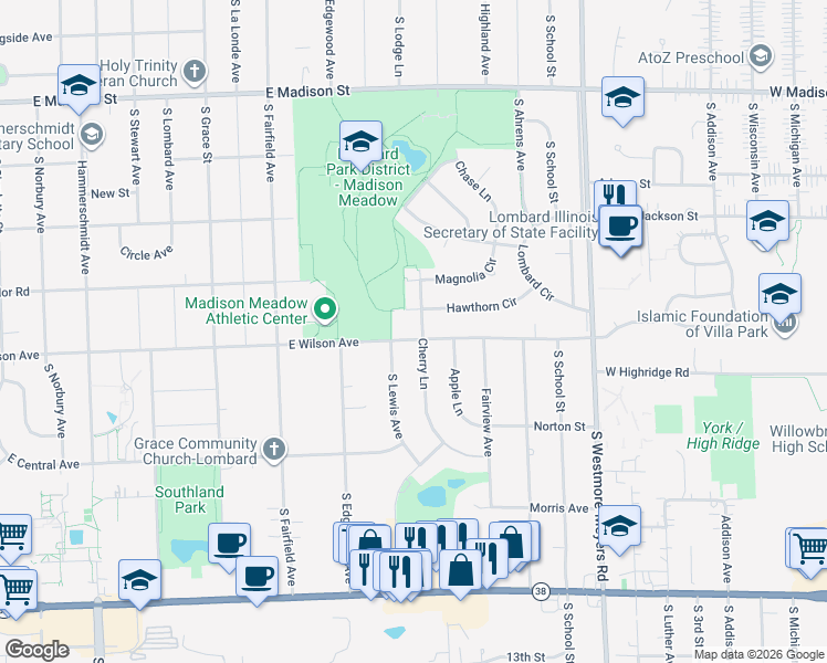 map of restaurants, bars, coffee shops, grocery stores, and more near 930 Cherry Lane in Lombard
