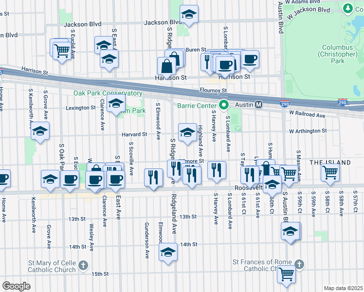 map of restaurants, bars, coffee shops, grocery stores, and more near 1125 South Cuyler Avenue in Oak Park