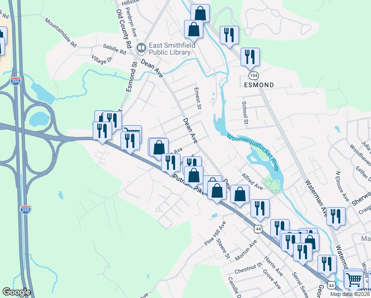 map of restaurants, bars, coffee shops, grocery stores, and more near 33 Susan Avenue in Johnston