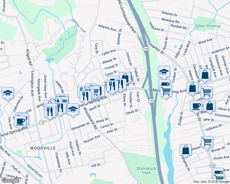 map of restaurants, bars, coffee shops, grocery stores, and more near 1275 Mineral Spring Avenue in North Providence