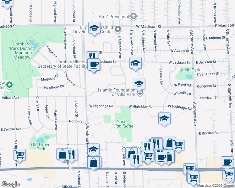 map of restaurants, bars, coffee shops, grocery stores, and more near 1141 East Addison Avenue in Lombard