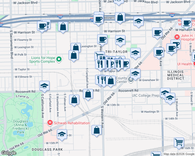 map of restaurants, bars, coffee shops, grocery stores, and more near 2419 West Fillmore Street in Chicago