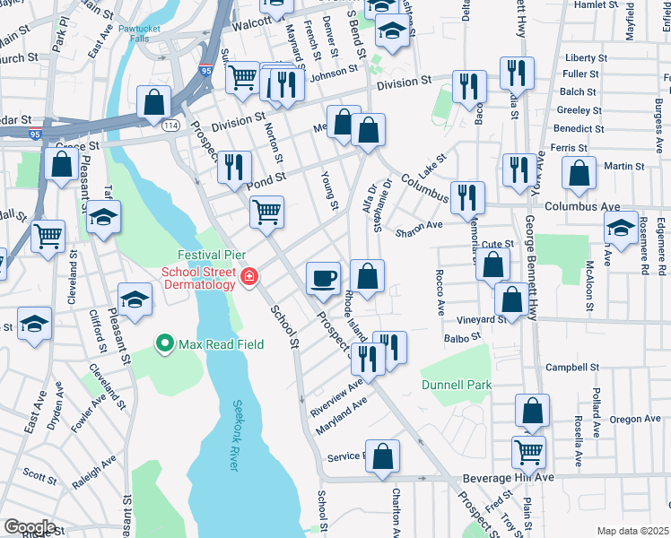 map of restaurants, bars, coffee shops, grocery stores, and more near 131 Linwood Avenue in Pawtucket