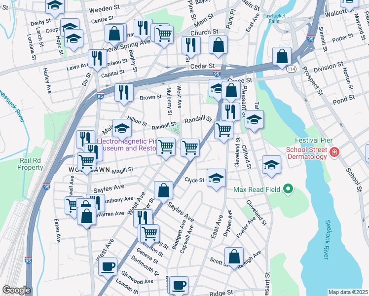 map of restaurants, bars, coffee shops, grocery stores, and more near 29 Sterry Street in Pawtucket