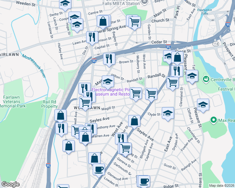 map of restaurants, bars, coffee shops, grocery stores, and more near 152 Sterry Street in Pawtucket