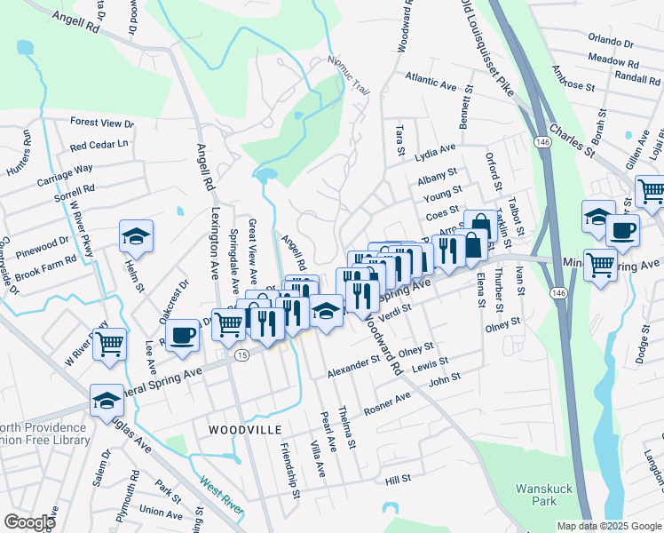map of restaurants, bars, coffee shops, grocery stores, and more near 91A Nipmuc Trail in North Providence