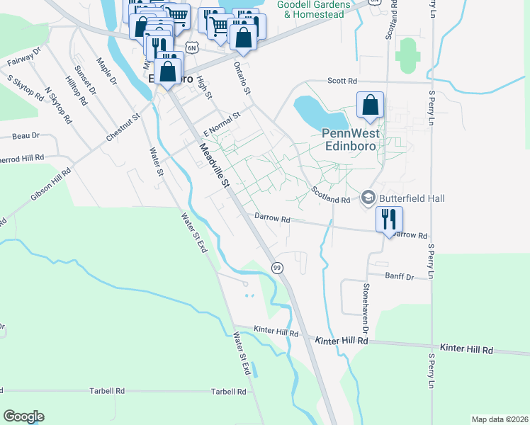 map of restaurants, bars, coffee shops, grocery stores, and more near 205 Darrow Road in Edinboro