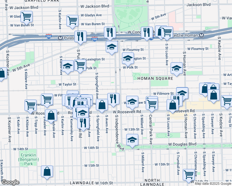 map of restaurants, bars, coffee shops, grocery stores, and more near 1024 South Independence Boulevard in Chicago
