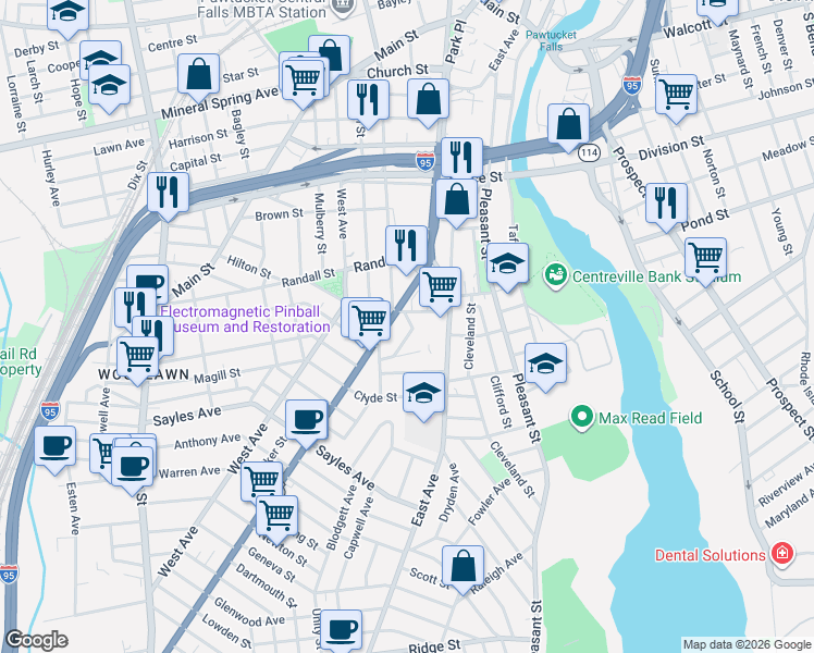 map of restaurants, bars, coffee shops, grocery stores, and more near 250 Pawtucket Avenue in Pawtucket
