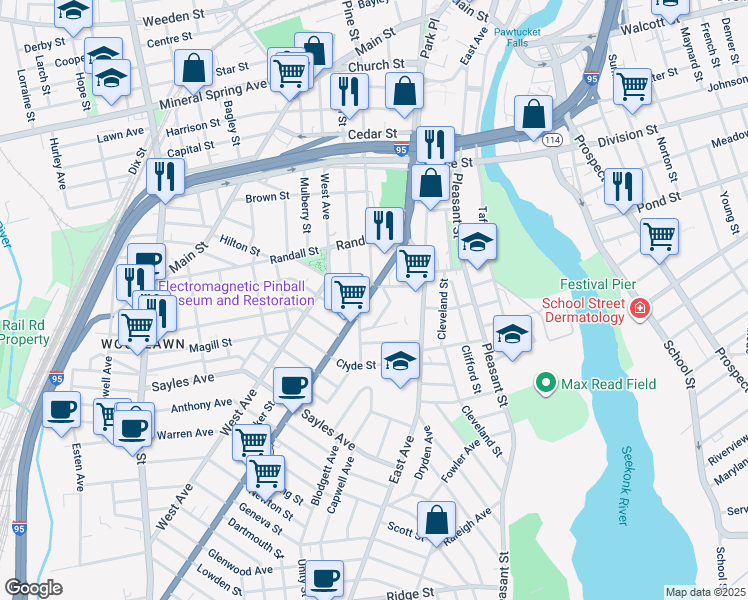 map of restaurants, bars, coffee shops, grocery stores, and more near 250 Pawtucket Avenue in Pawtucket