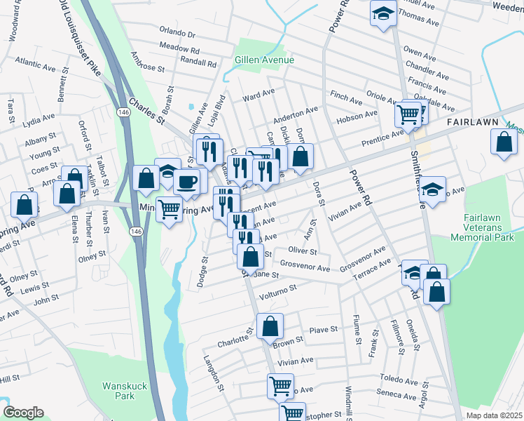 map of restaurants, bars, coffee shops, grocery stores, and more near 12 Ada Street in North Providence