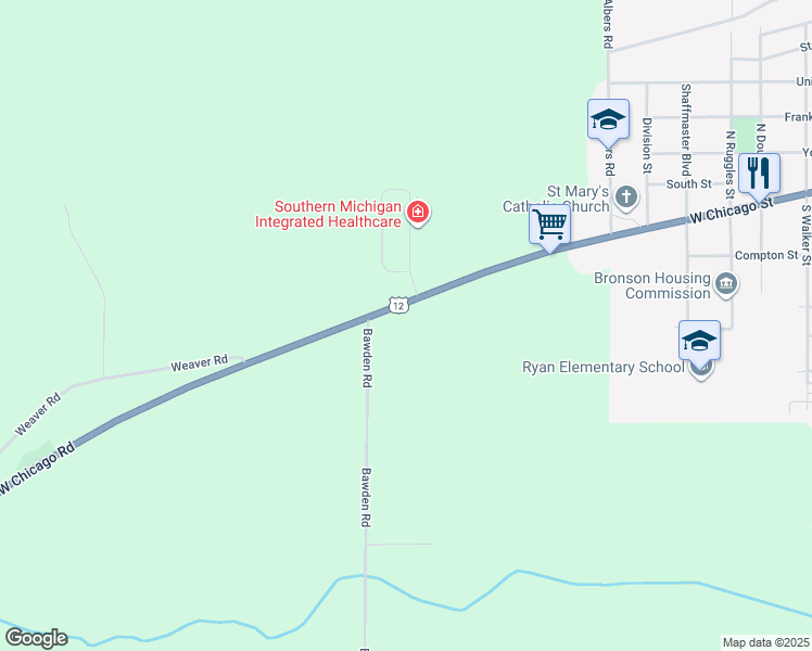 map of restaurants, bars, coffee shops, grocery stores, and more near 895 West Chicago Road in Bronson
