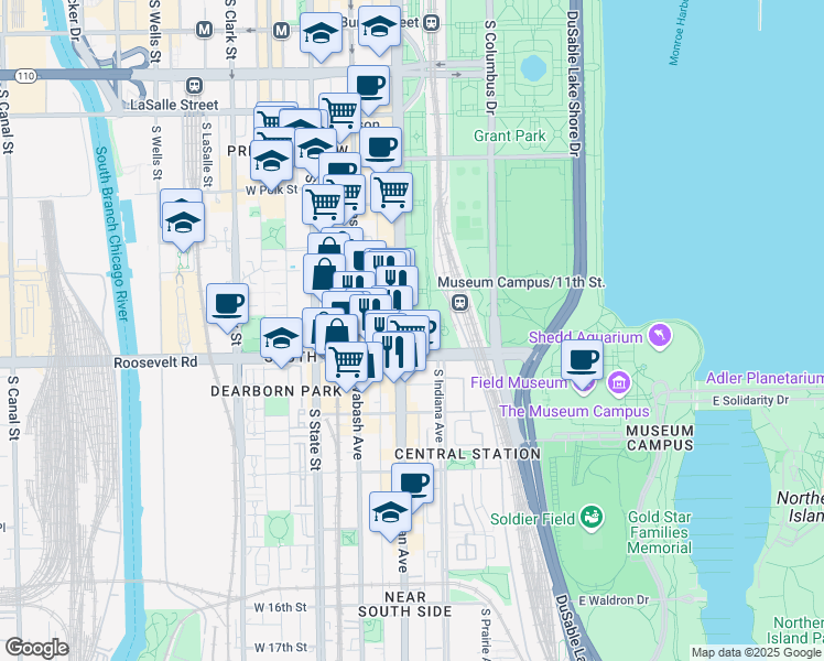 map of restaurants, bars, coffee shops, grocery stores, and more near 1135 South Michigan Avenue in Chicago